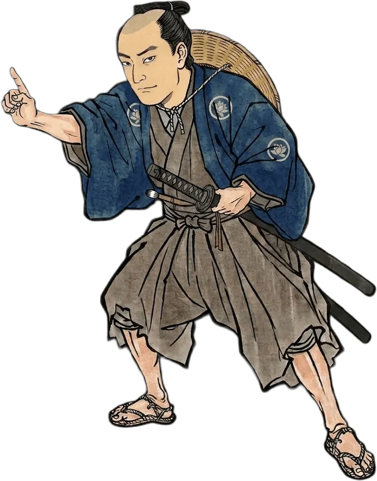 指を差して助太刀に現れた浮世絵風の侍のイラスト